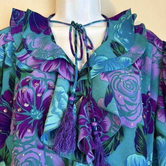 Vintage Montage Night Dress Floral Midi Blue Teal Purple 80s 90s Maxi Modest XL - Picture 1 of 9